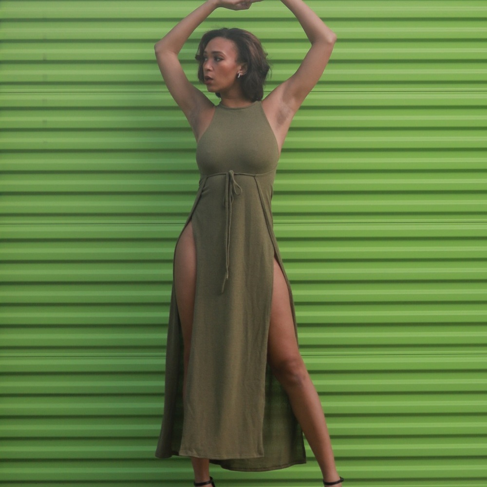 SHEIN M Slit Olive Green Maxi Dress
